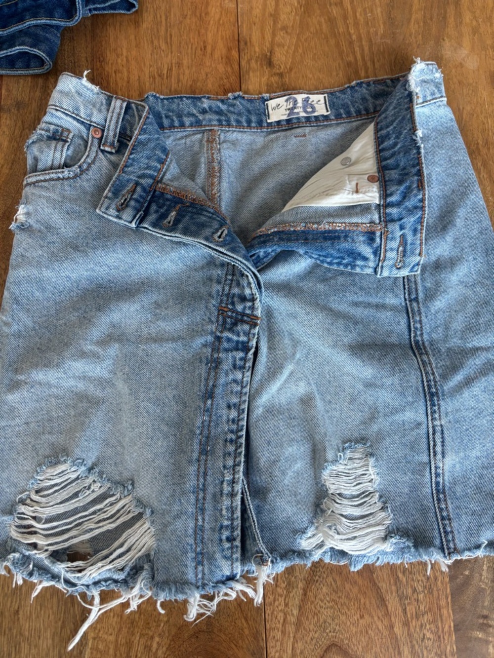 We The Free Light Blue Distressed Asymmetrical Denim Mini Skirt